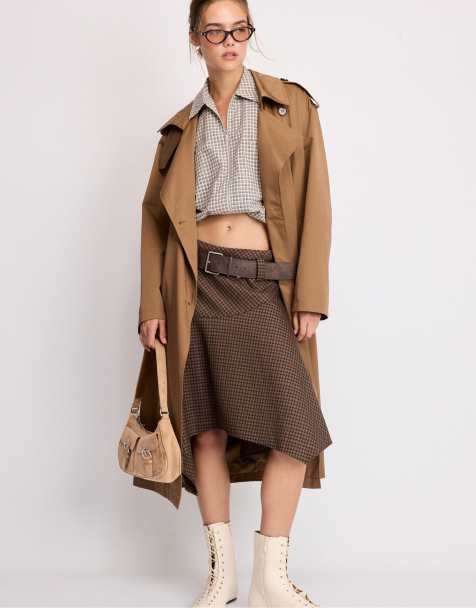Stradivarius Check skirt with belt in beige - view 1