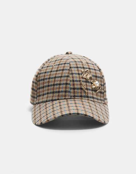 Stradivarius Checked cap with brooches in brown - view 1