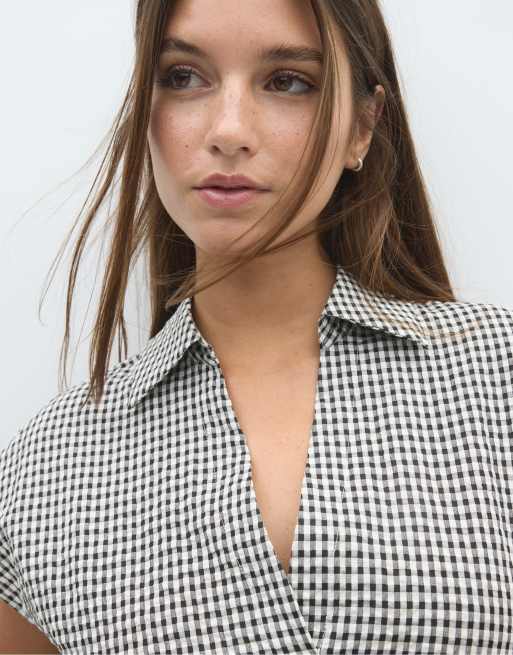 Stradivarius Checked cinched shirt in ecru, 3 of 4