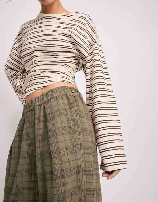 Stradivarius Checked wide straight-leg trousers in beige, 3 of 6