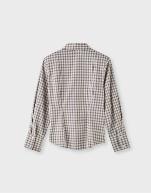 Stradivarius chemise à carreaux à épaules rembourrées beige, 7 de 7