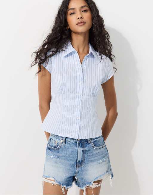 Stradivarius - Chemise à manches courtes avec surpiqûres sous la poitrine - Bleu ciel, 5 de 7