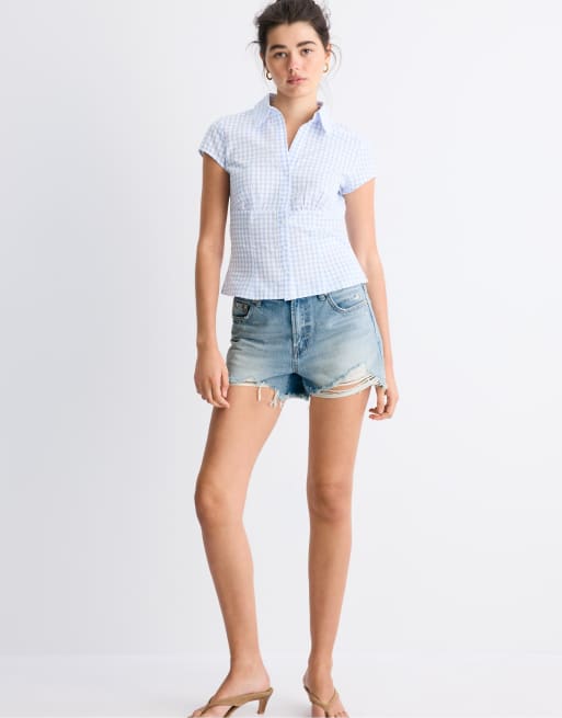 Stradivarius - Chemise à manches courtes avec surpiqûres sous la poitrine - Bleu ciel, 2 de 4