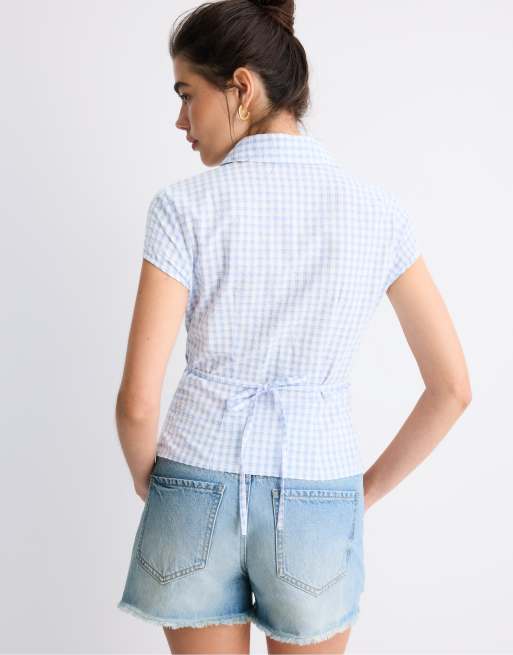 Stradivarius - Chemise à manches courtes avec surpiqûres sous la poitrine - Bleu ciel, 4 de 4