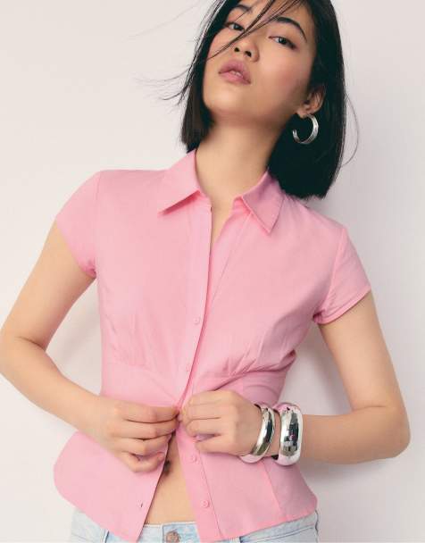Stradivarius - Chemise à manches courtes avec surpiqûres sous la poitrine - Rose pastel - view 1