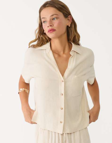 Stradivarius - Chemise à manches courtes en lin mélangé - Taupe - view 1