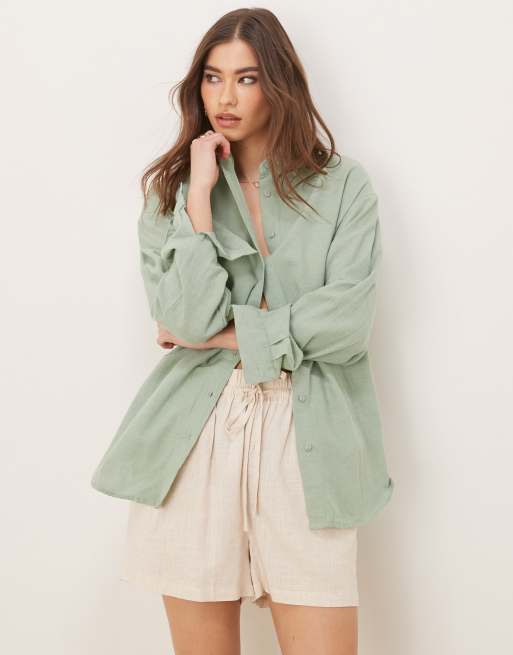 Stradivarius linen-look long sleeve shirt in khaki