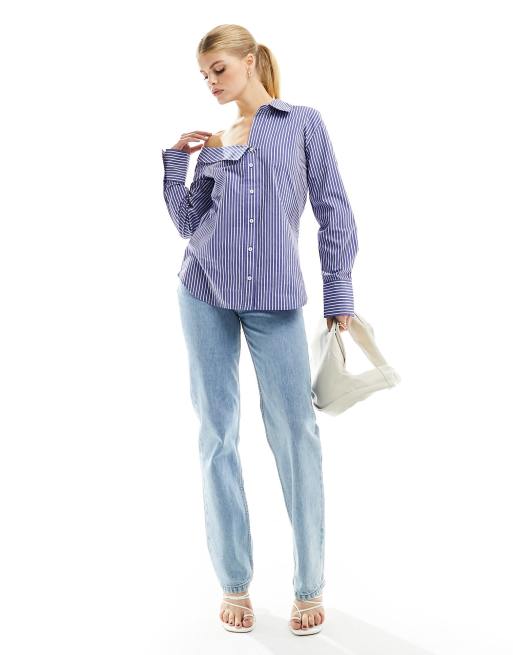 Stradivarius - Chemise à rayures en popeline à épaules dénudées - Bleu marine, 2 de 4