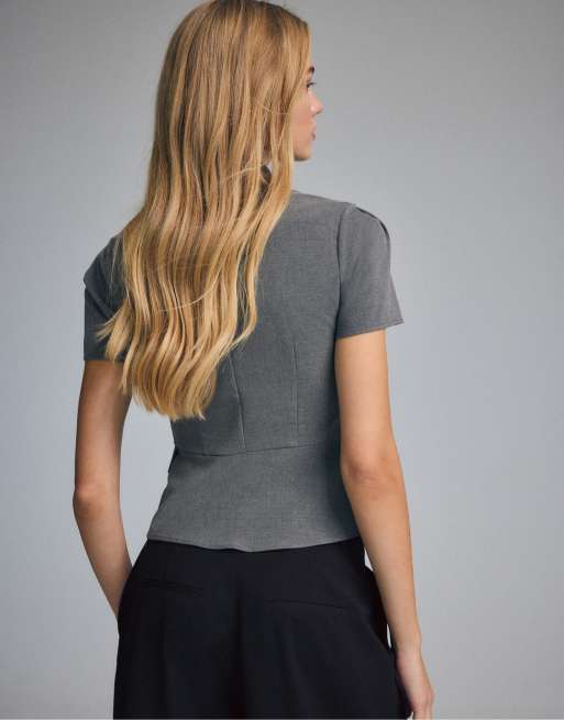 Stradivarius chemise ajustée à manches courtes grise, 3 de 7