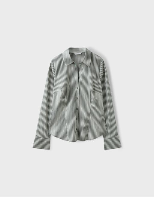 Stradivarius - Chemise ajustée basique à rayures - Kaki, 6 de 7
