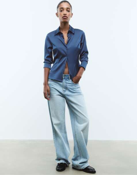 Stradivarius - Chemise ajustée en satin - Bleu foncé - view 1