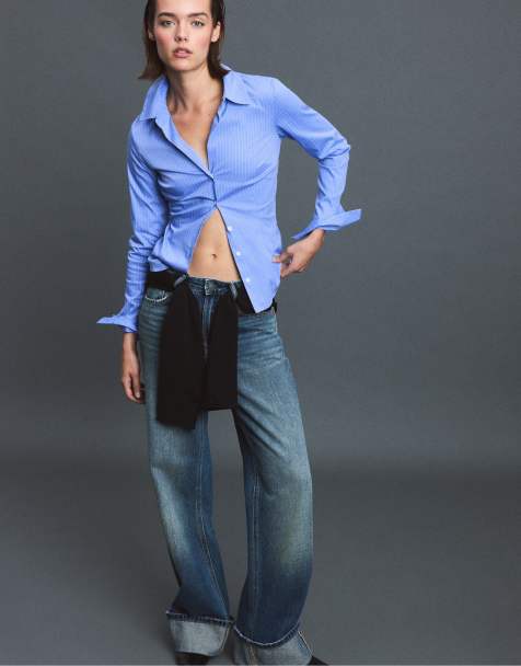 Stradivarius chemise ajustée rayée basique bleu denim - view 1