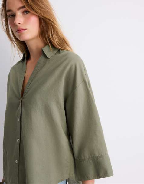 Stradivarius - Chemise aspect lin à manches kimono - Kaki - view 1