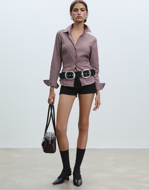 Stradivarius - Chemise basique ajustée à rayures - Marron - view 1