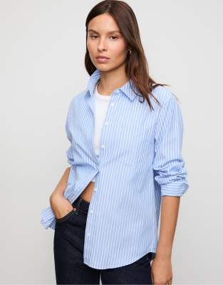 Chemise basique en popeline à rayures avec poche - Bleu denim M