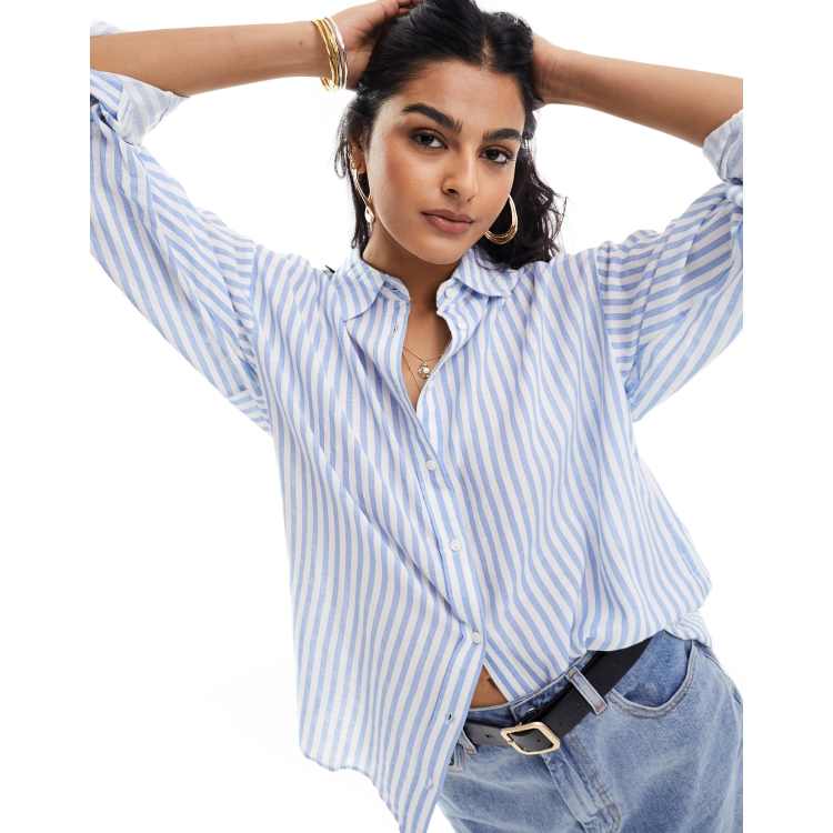 Stradivarius Chemise décontractée aspect lin à rayures Bleu