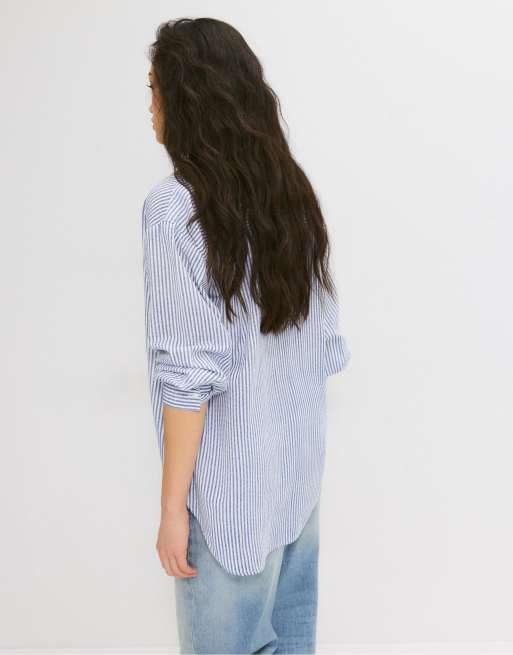 Stradivarius - Chemise effet lin - Bleu foncé, 4 de 4