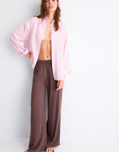 Stradivarius - Chemise effet lin - Rose cendré - view 1