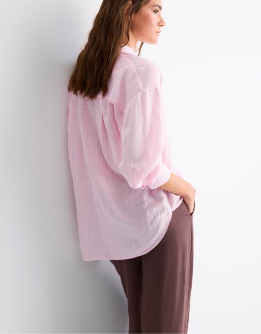 Stradivarius - Chemise effet lin - Rose cendré, 4 de 4