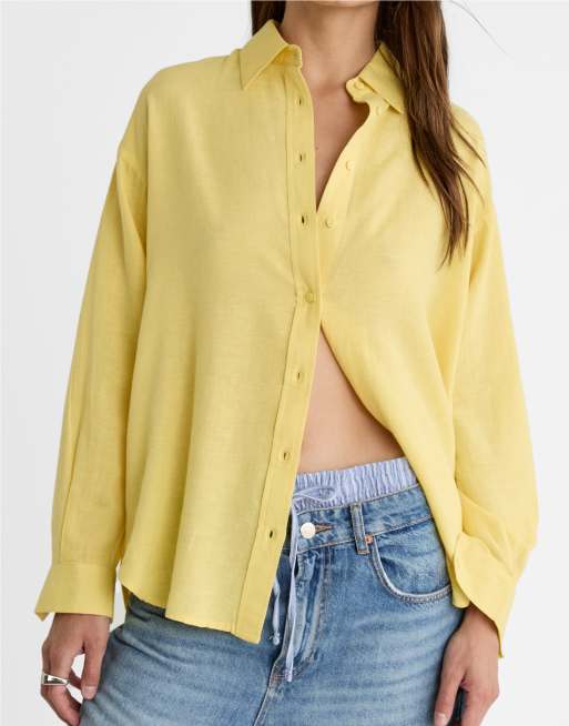 Stradivarius - Chemise en lin mélangé - Jaune, 4 de 4