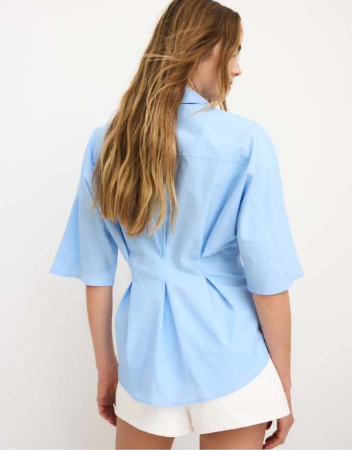 Stradivarius - Chemise en popeline à pinces avec manches kimono - Bleu ciel, 2 de 4