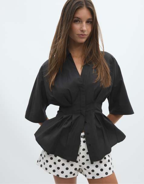 Stradivarius - Chemise en popeline à pinces avec manches kimono - Noir - view 1