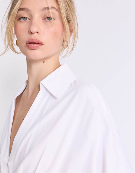 Stradivarius - Chemise en popeline à plis avec manches kimono - Blanc, 4 de 4