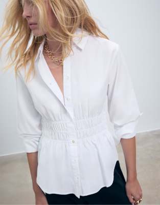 Stradivarius - Chemise froncée en popeline - Blanc