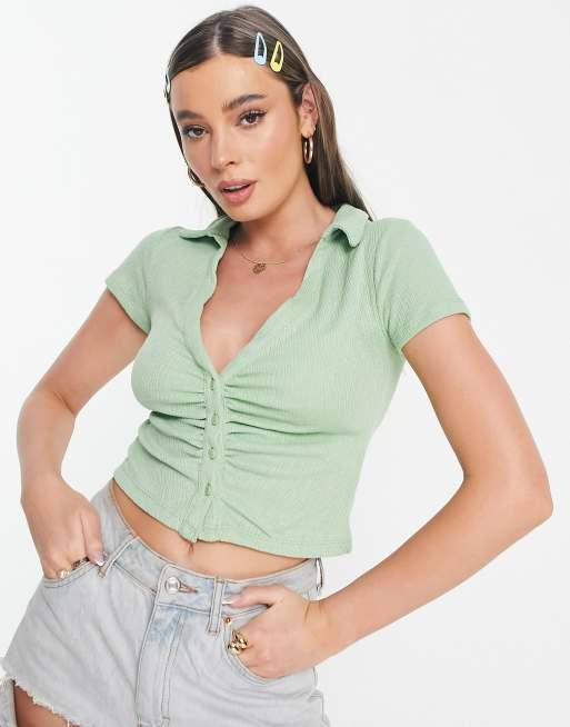 Stradivarius - Chemise froncée style années 90 en tissu texturé - Vert sauge 