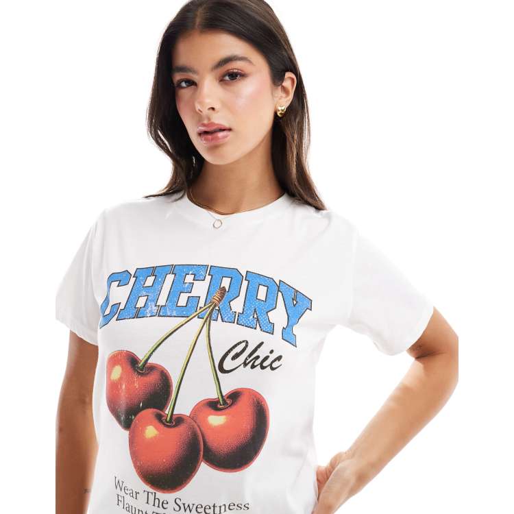 Stradivarius cherry detail graphic t-shirt in white | ASOS