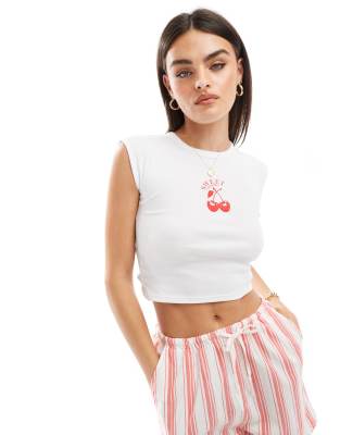 Stradivarius Cherry Tee With Open Back In White