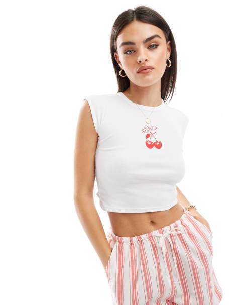 Stradivarius cherry tee with open back in white - view 1