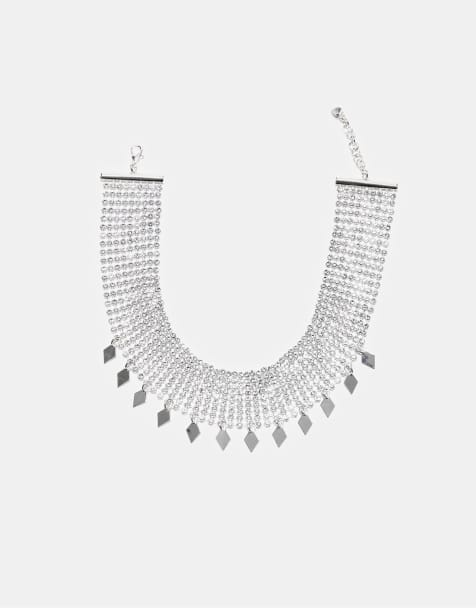 Stradivarius – Choker-Halskette in Grau mit Strassbesatz mit Anhängern - view 1