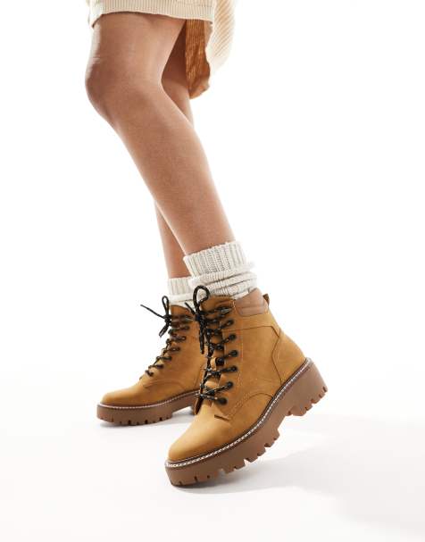 Stradivarius chunky flat boots in brown faux suede - view 1