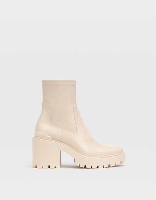 Stradivarius chunky heeled sock boots in ecru 
