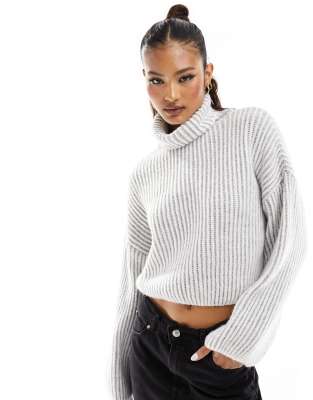 Stradivarius Chunky High Neck Sweater In 2 Tone Stripe In Gray-neutral In Neutral