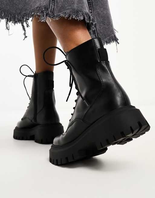 Stradivarius chunky lace up biker boot in black