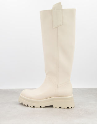 Stradivarius chunky sole high leg boots in beige-Neutral