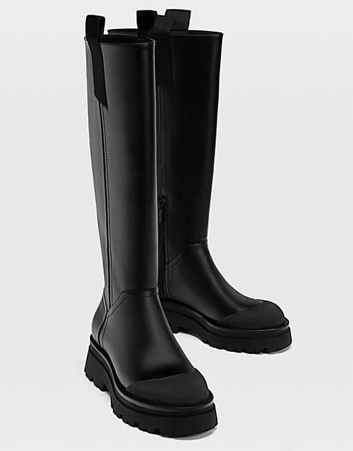 Women Boots/Stradivarius chunky sole high leg boots in black 