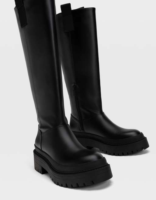 Stradivarius chunky sole high leg boots with side tab in black