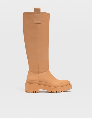 Stradivarius chunky sole high leg boots with side tab in brown - ASOS Price Checker