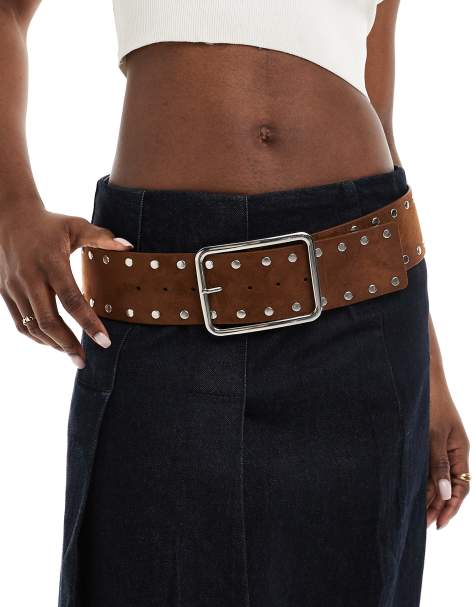 Stradivarius - Cintura ampia marrone con borchie - view 1