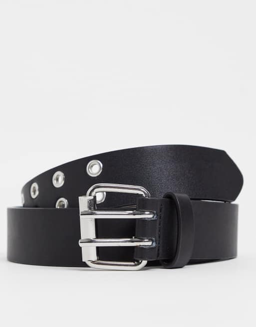 Stradivarius - Cintura con fibbia quadrata e dettaglio con occhielli nera