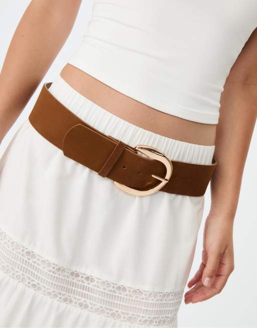 Stradivarius - Cintura larga color pietra con fibbia dorata