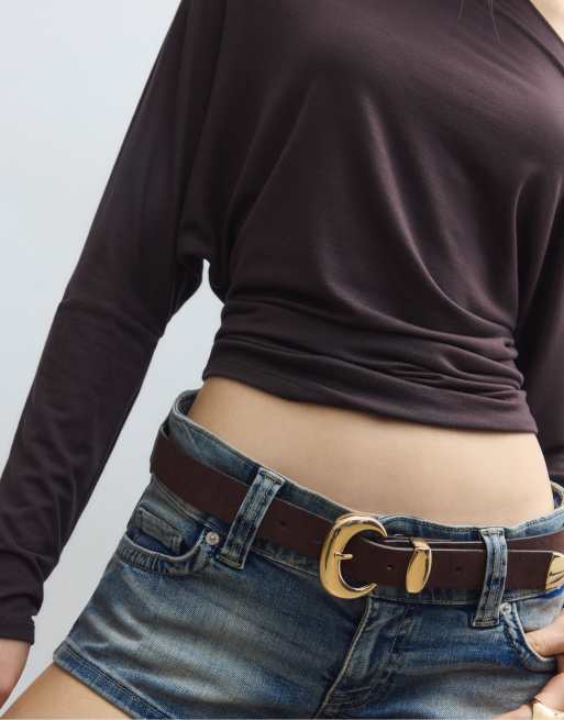 Stradivarius - Cintura marrone con fibbia spessa, 2 di 4
