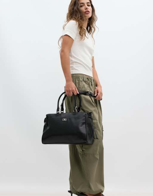 Stradivarius City bag with flap in black, 3 of 4