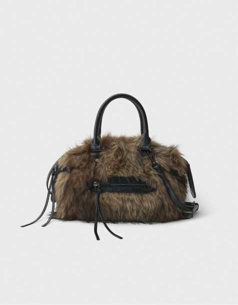 Stradivarius City crossbody bag with faux fur in brown - view 1