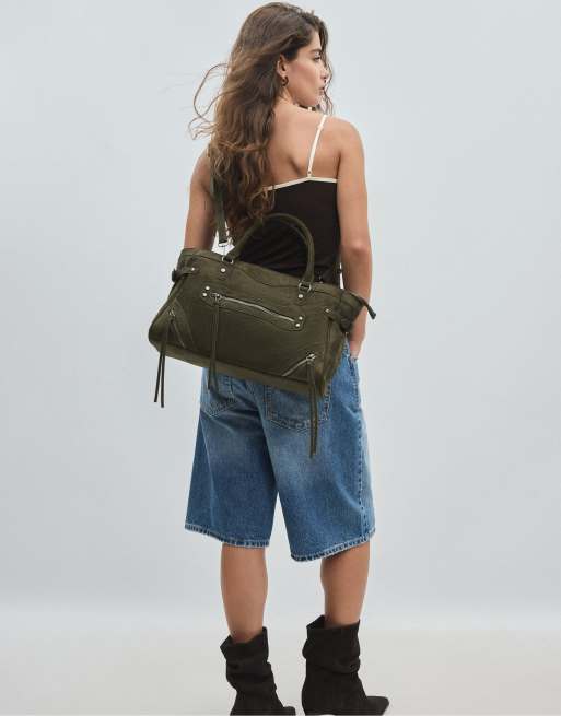 Stradivarius city-taske med lynlåstræk i khaki, 3 af 4