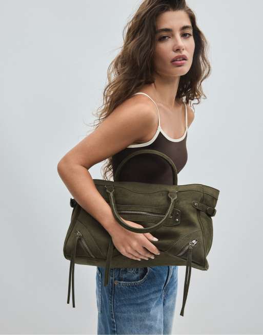 Stradivarius cityväska med dragkedjedragare i khaki, 2 av 4