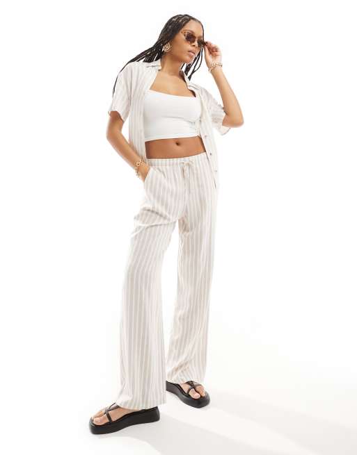 Stradivarius co-ord linen look pull on trousers in beige stripe | ASOS